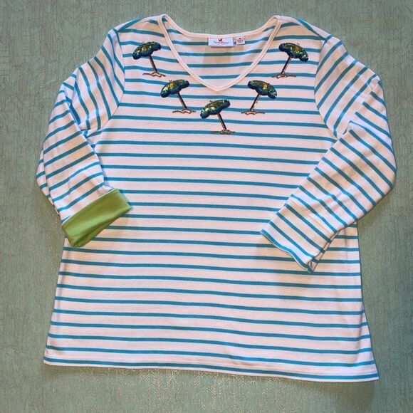 Quacker Factory XL Sequin Beach Umbrella V-neck blue white stripe soft tunic top - Picture 1 of 16